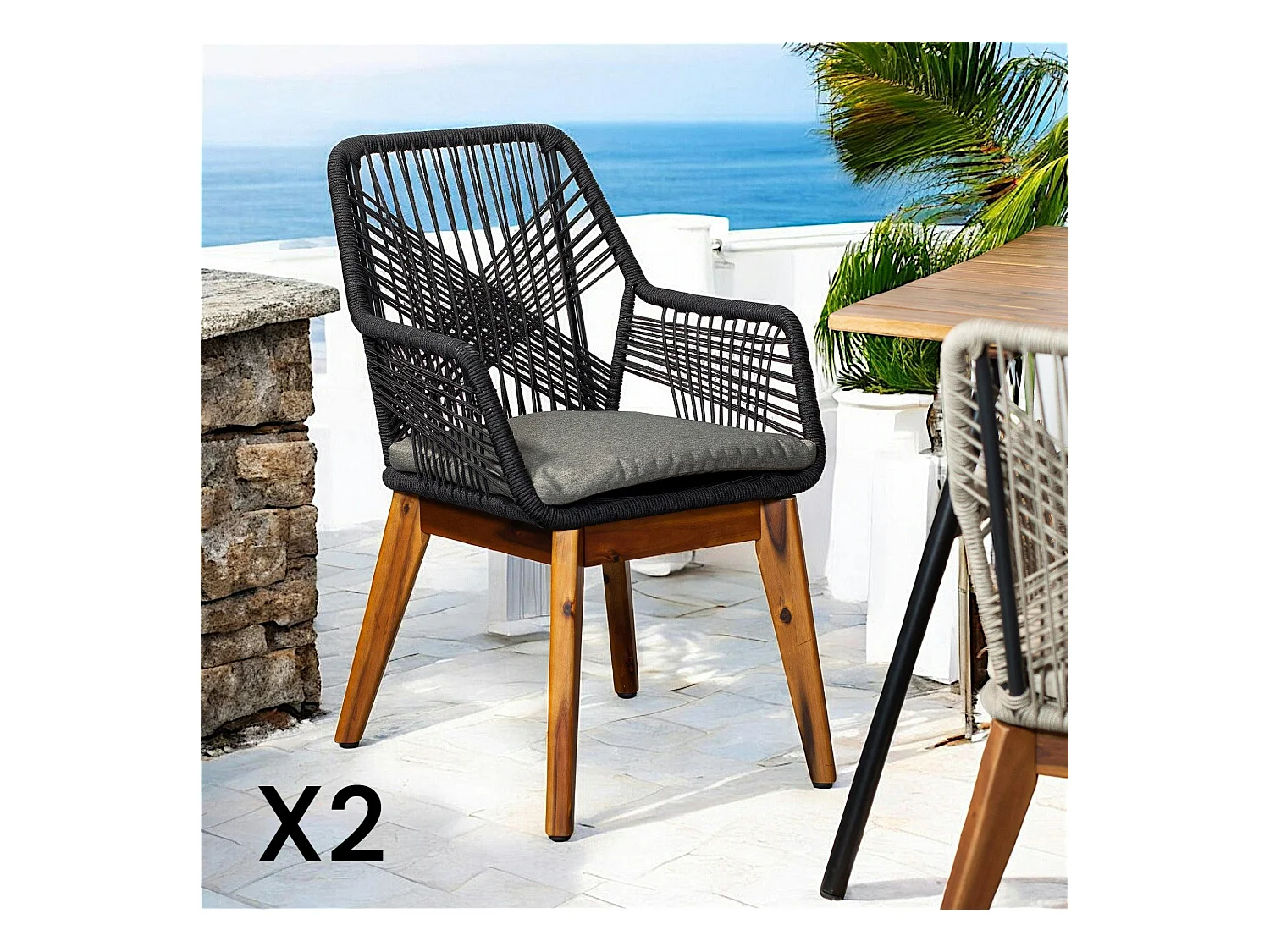 Chaise de jardin noire en corde tressée et pieds bois FSC® (lot de 2) GRENADE