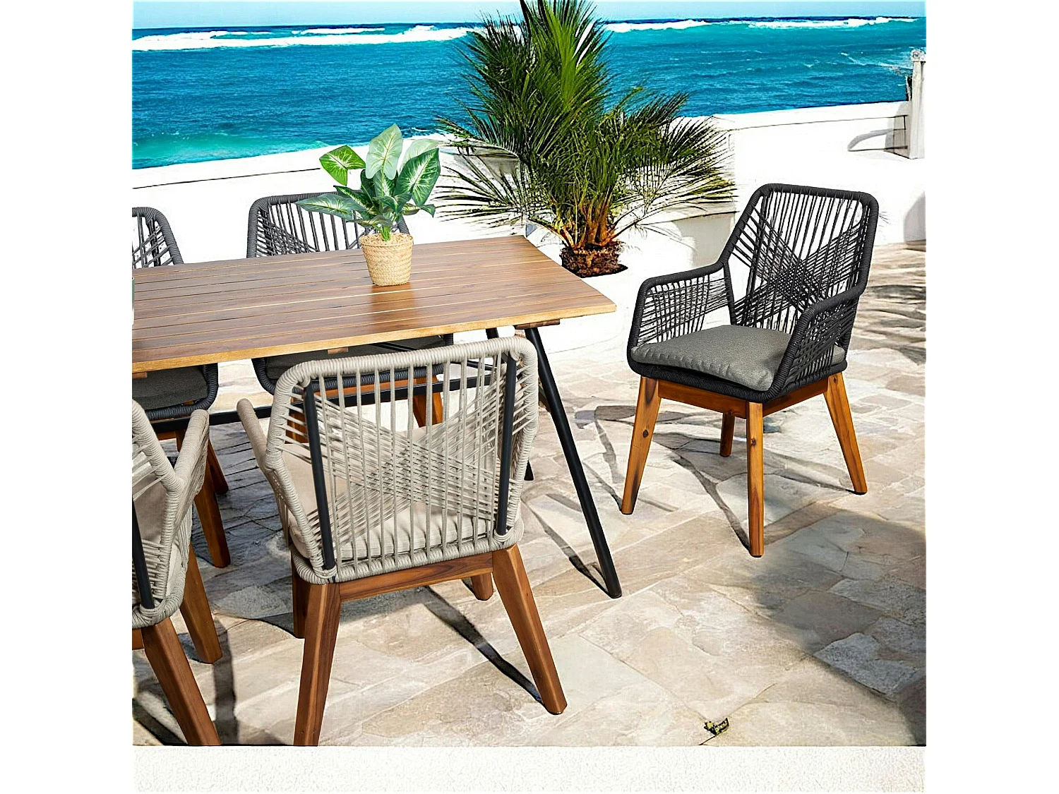 Chaise de jardin noire en corde tressée et pieds bois FSC® (lot de 2) GRENADE