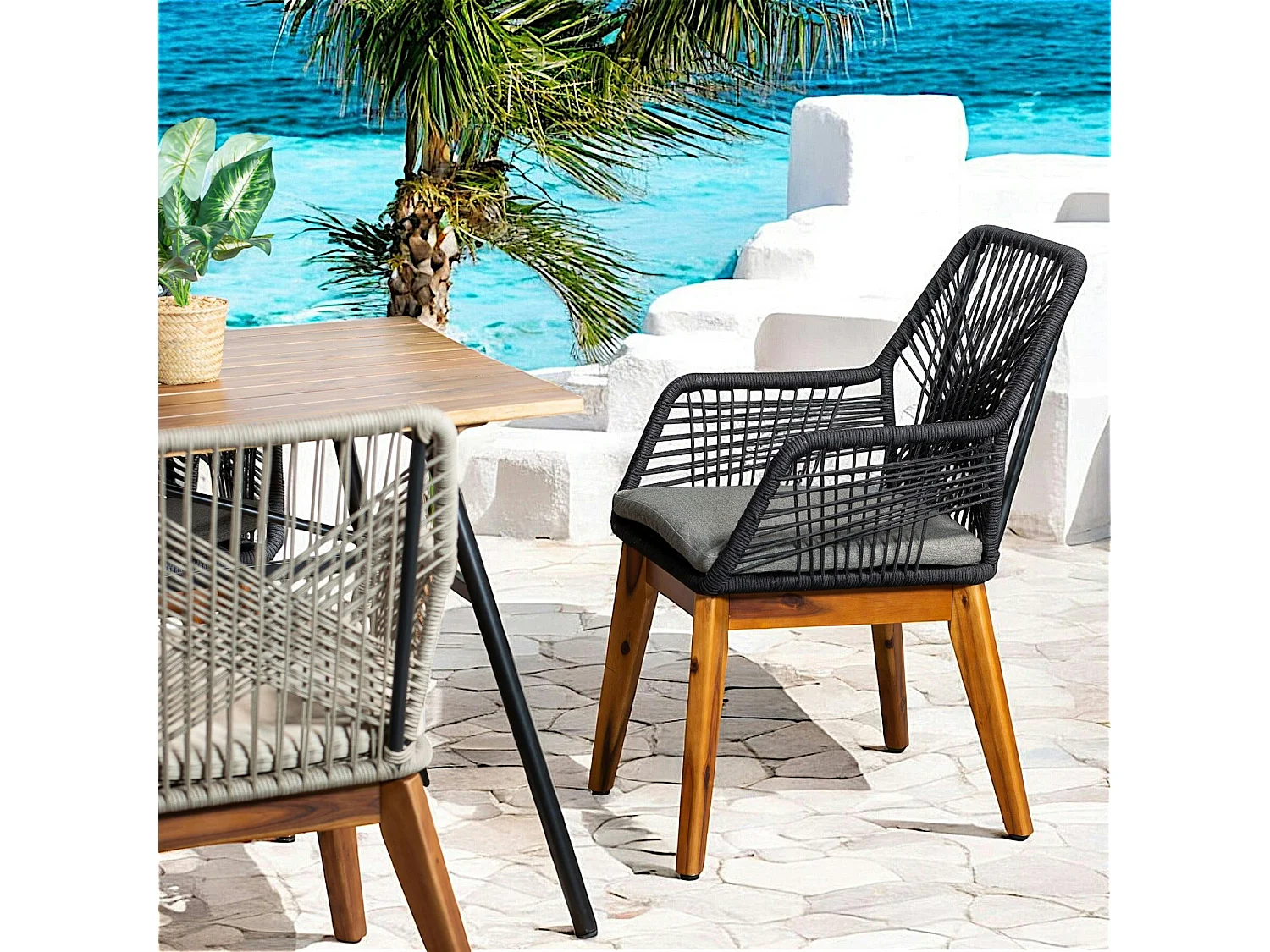 Chaise de jardin noire en corde tressée et pieds bois FSC® (lot de 2) GRENADE
