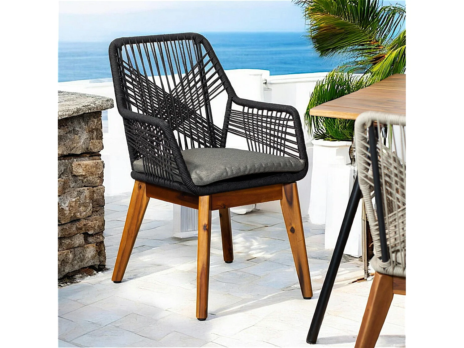 Chaise de jardin noire en corde tressée et pieds bois FSC® (lot de 2) GRENADE