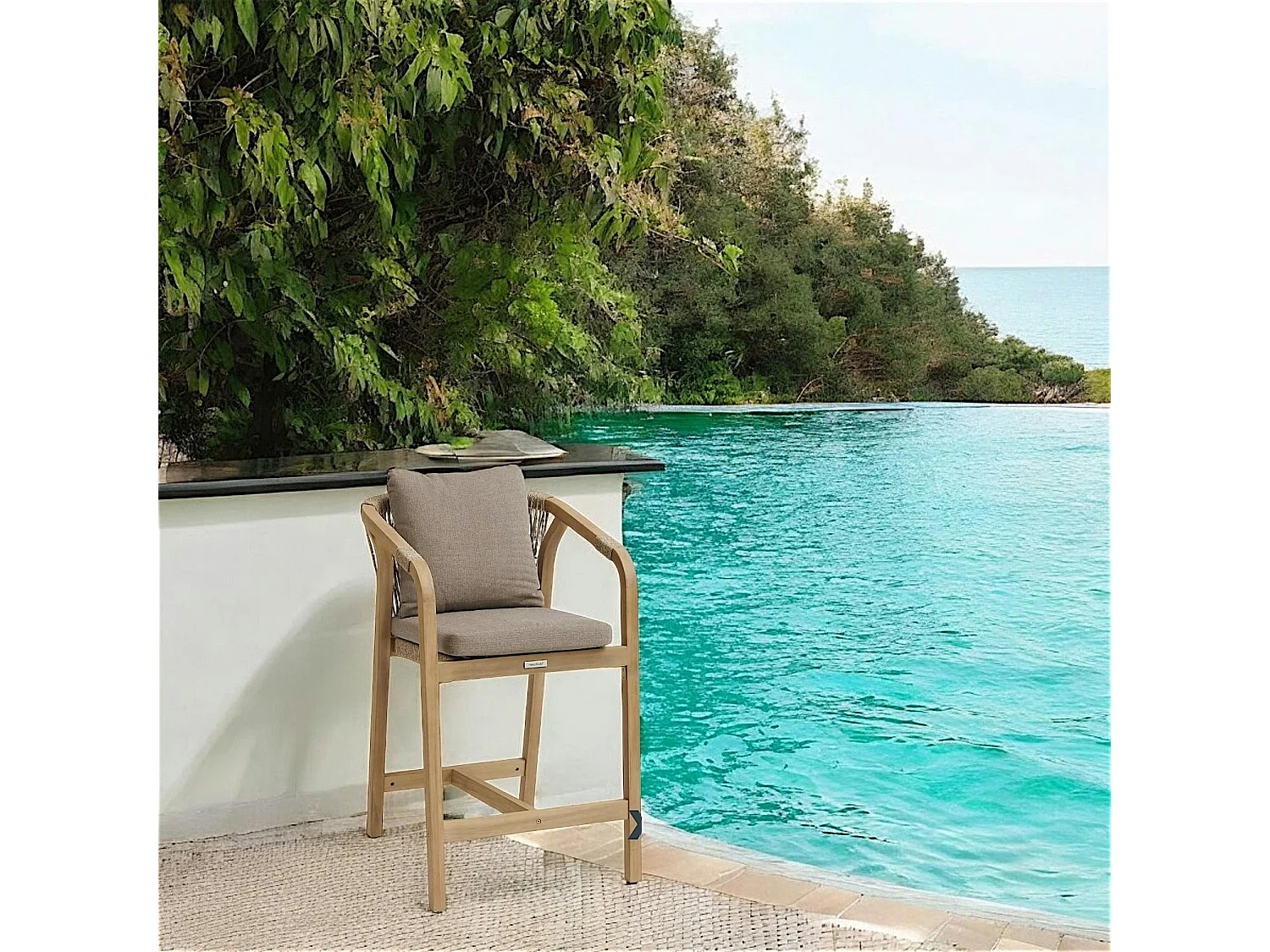 Tabouret de bar exterieur bois d'acacia et tissu taupe (lot de 2) IBIZA