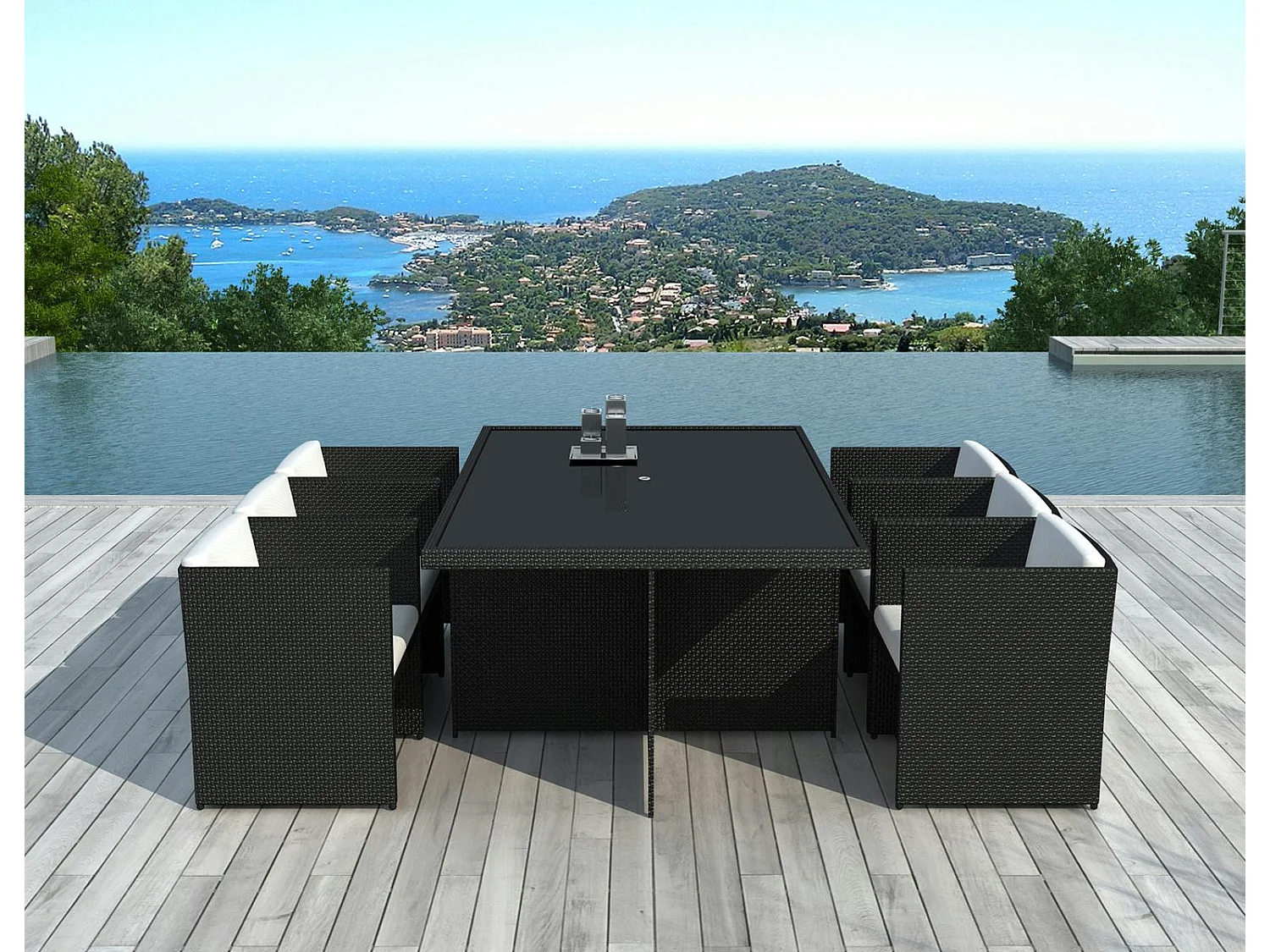 Ensemble de Repas ARGELES 7 pièces encastrables 175x115cm en résine tressée noire et coussins tissu blanc écru