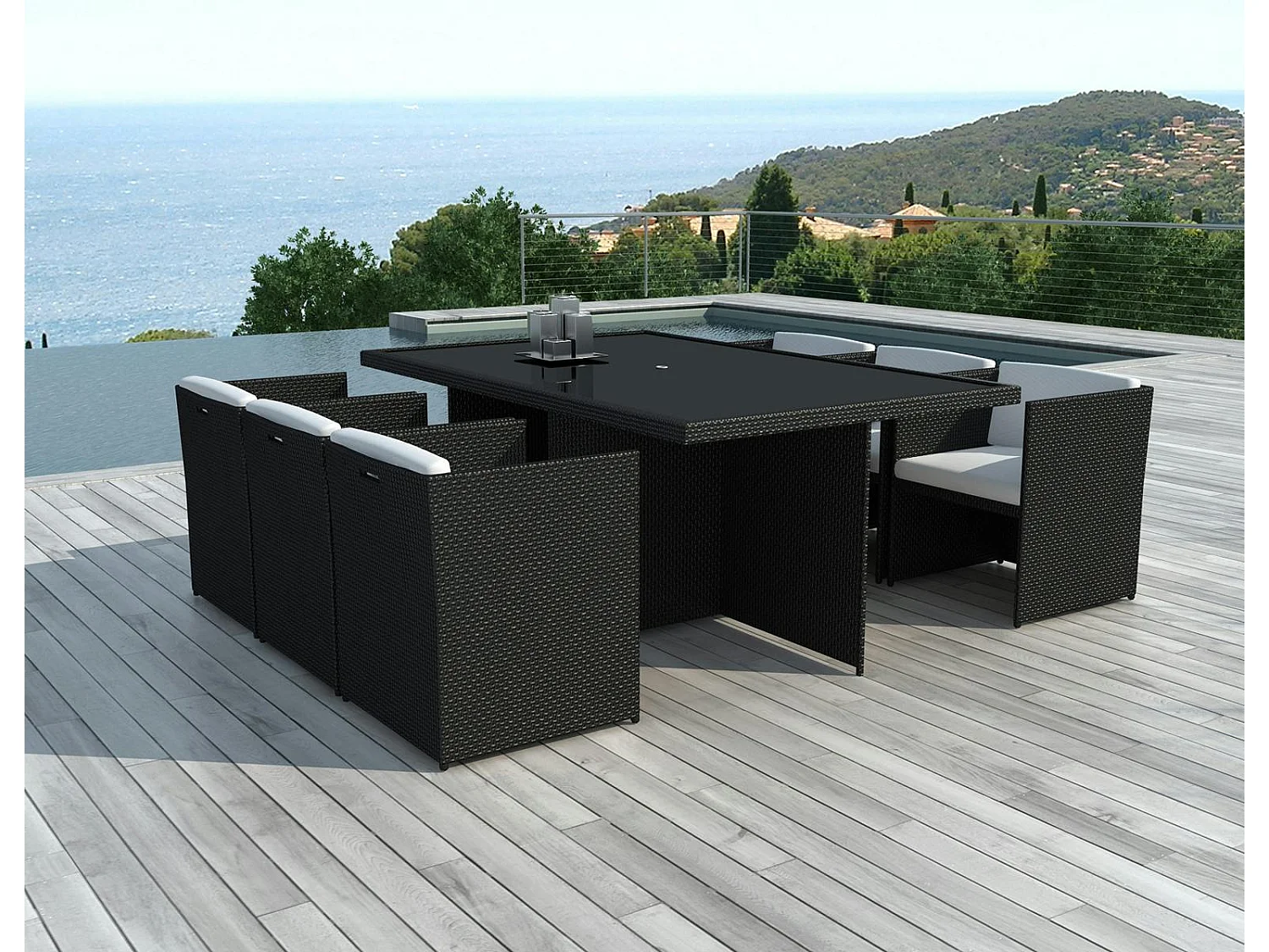 Ensemble de Repas ARGELES 7 pièces encastrables 175x115cm en résine tressée noire et coussins tissu blanc écru