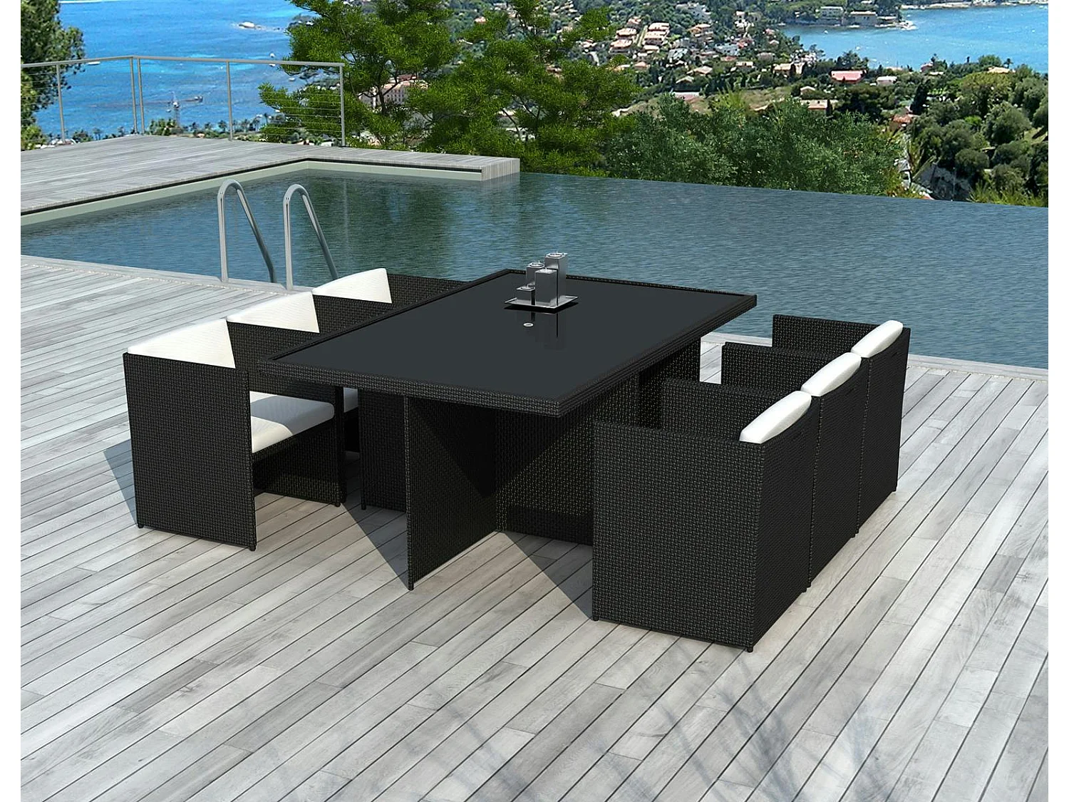 Ensemble de Repas ARGELES 7 pièces encastrables 175x115cm en résine tressée noire et coussins tissu blanc écru