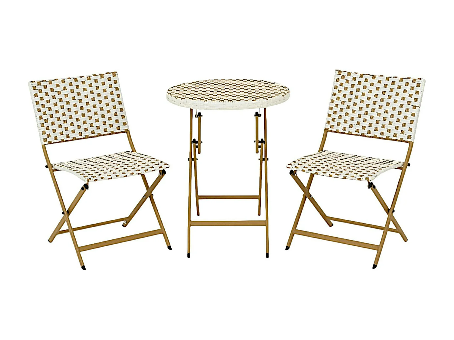 Salon de jardin table ronde + 2 chaises résine blanche tressée motifs beiges BISTROT