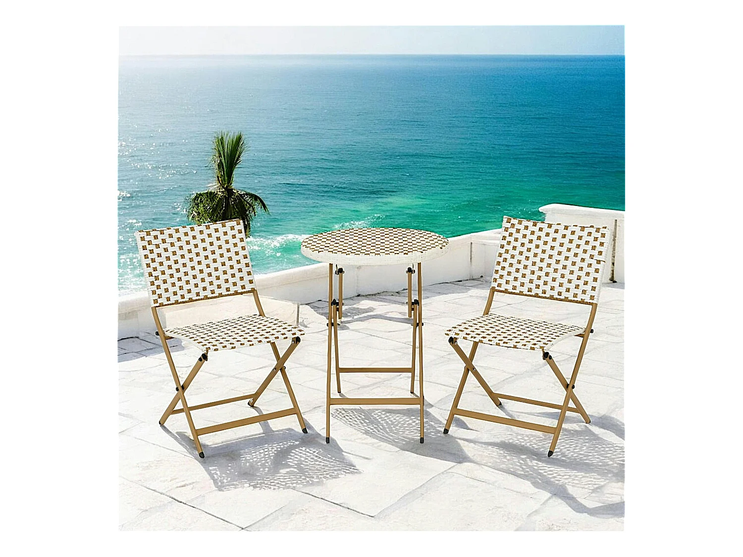 Salon de jardin table ronde + 2 chaises résine blanche tressée motifs beiges BISTROT