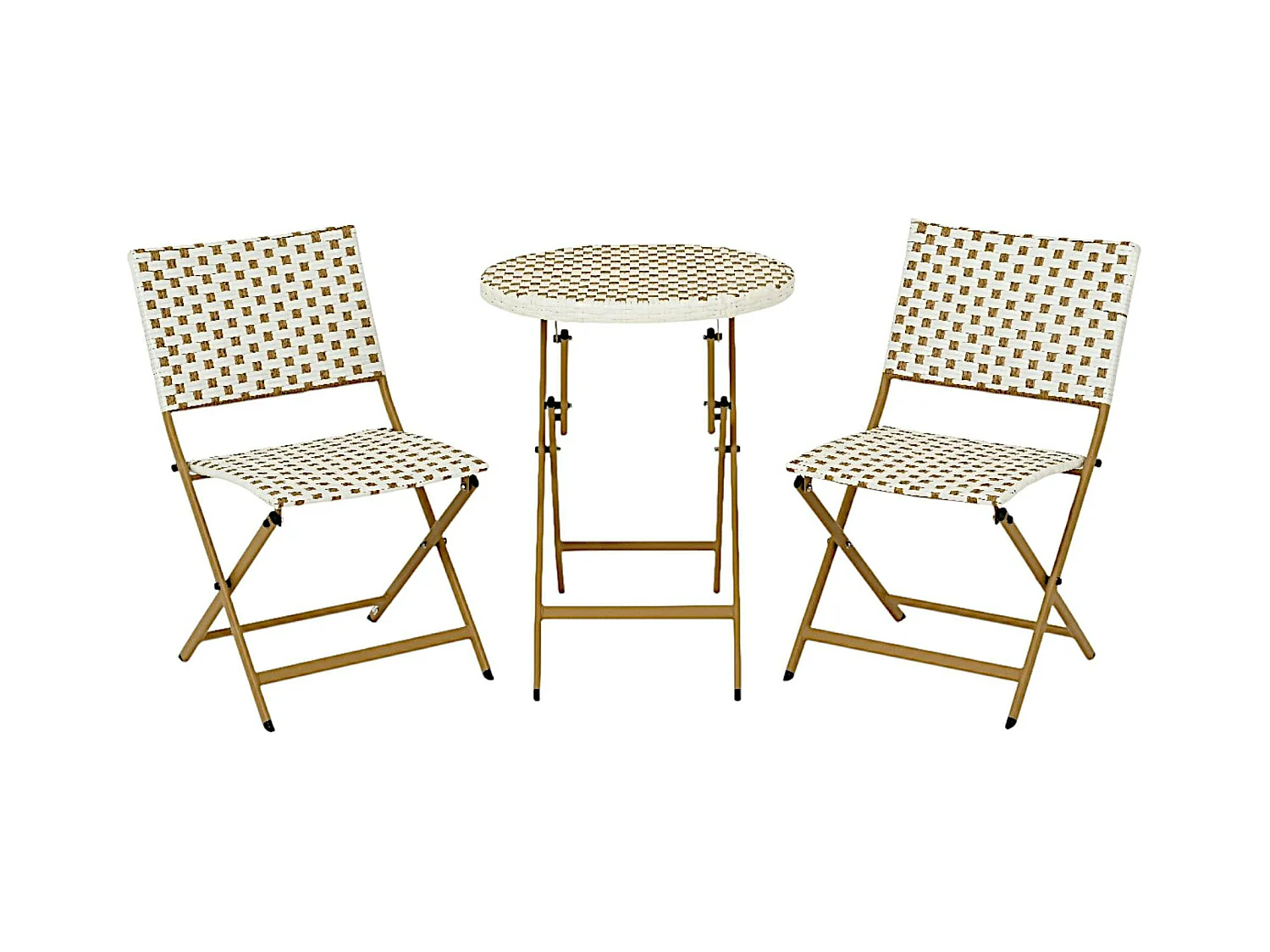 Salon de jardin table ronde + 2 chaises résine blanche tressée motifs beiges BISTROT