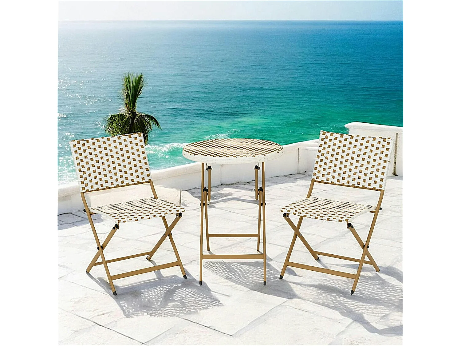 Salon de jardin table ronde + 2 chaises résine blanche tressée motifs beiges BISTROT