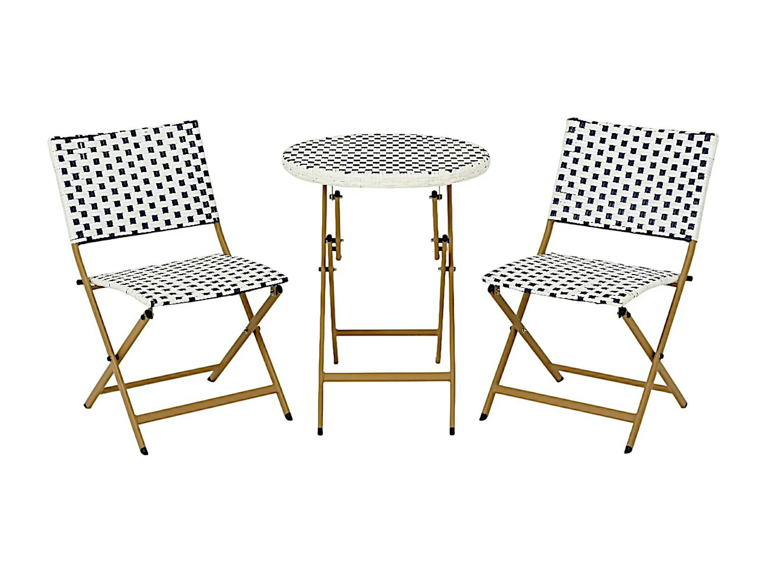 Salon de jardin table ronde + 2 chaises résine blanche tressée motifs bleus BISTROT