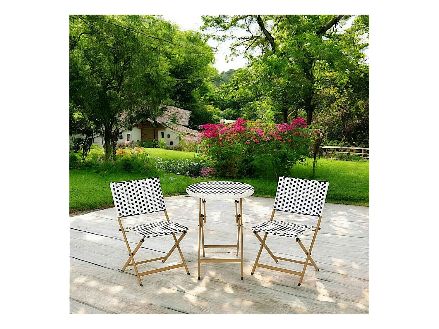 Salon de jardin table ronde + 2 chaises résine blanche tressée motifs bleus BISTROT