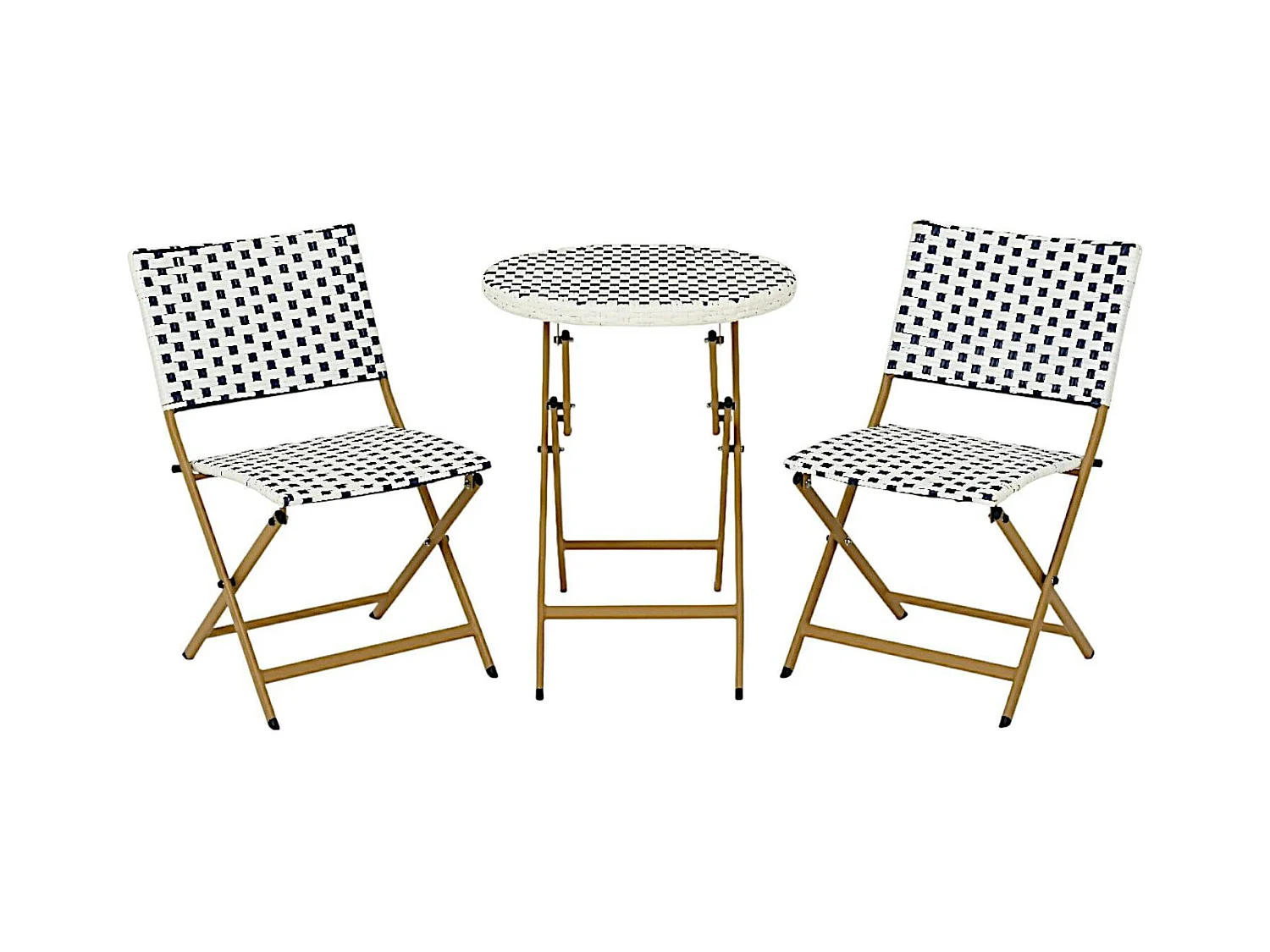 Salon de jardin table ronde + 2 chaises résine blanche tressée motifs bleus BISTROT