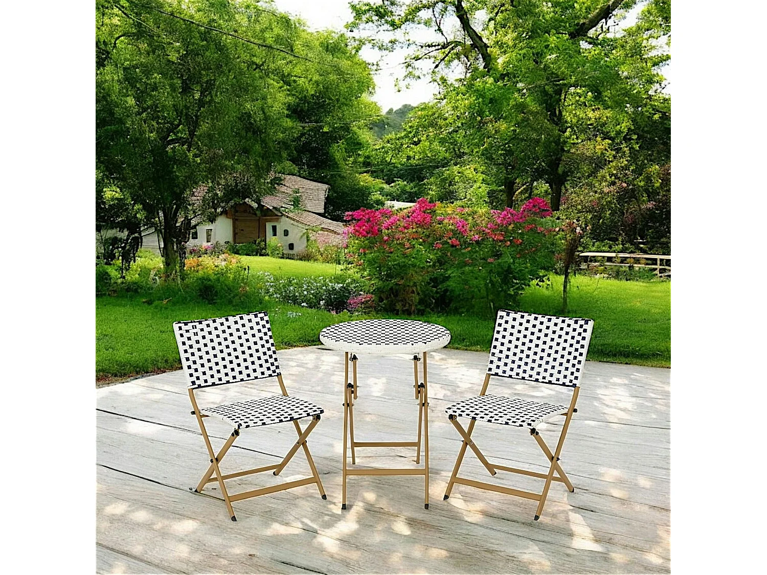 Salon de jardin table ronde + 2 chaises résine blanche tressée motifs bleus BISTROT
