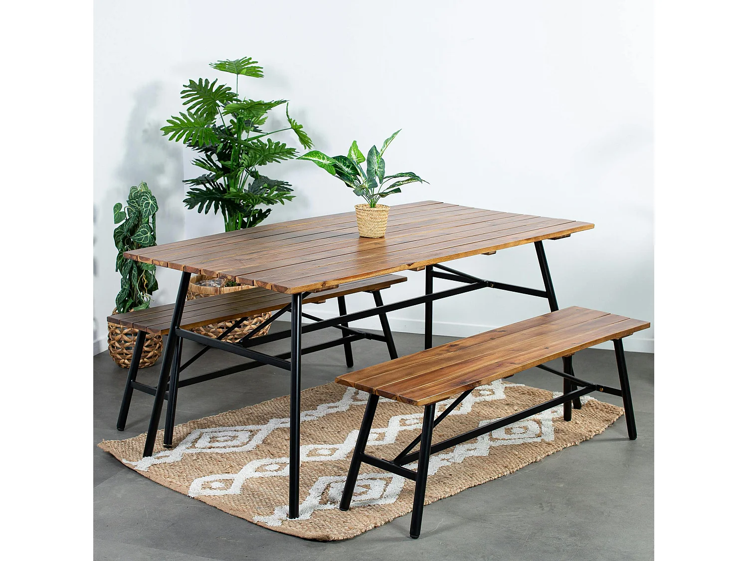 Salon de jardin en bois d'acacia (1 table à manger 160 cm + 2 bancs 130 cm) BAHIA