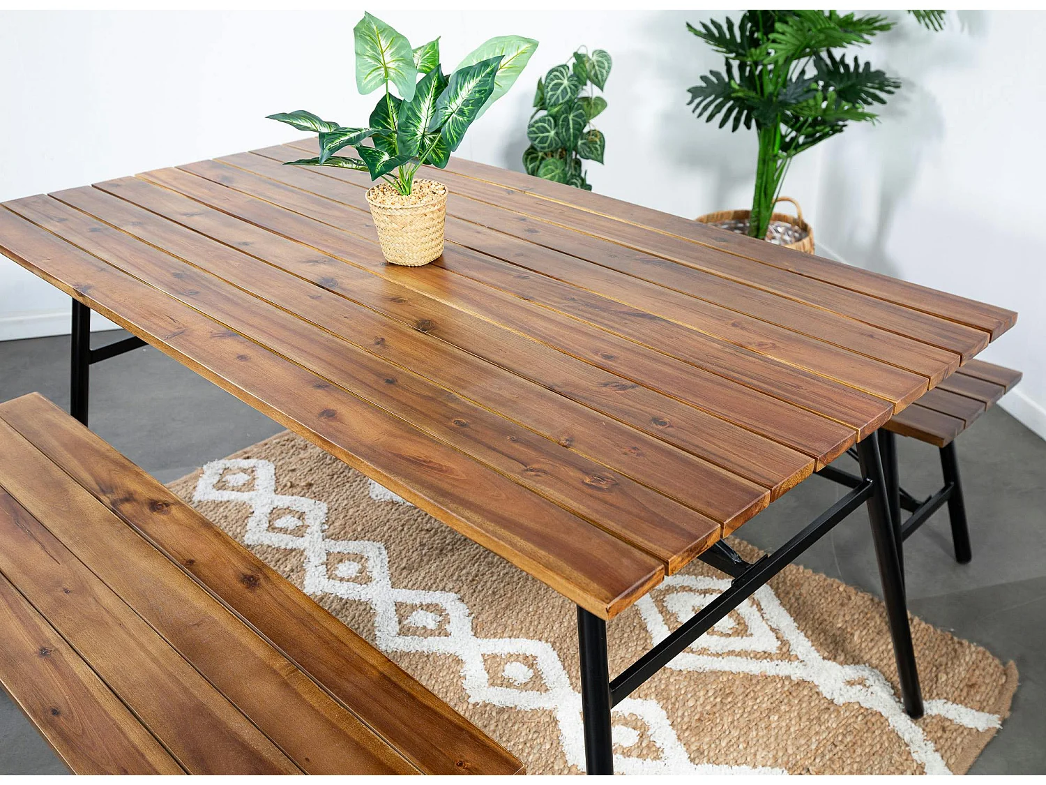 Salon de jardin en bois d'acacia (1 table à manger 160 cm + 2 bancs 130 cm) BAHIA