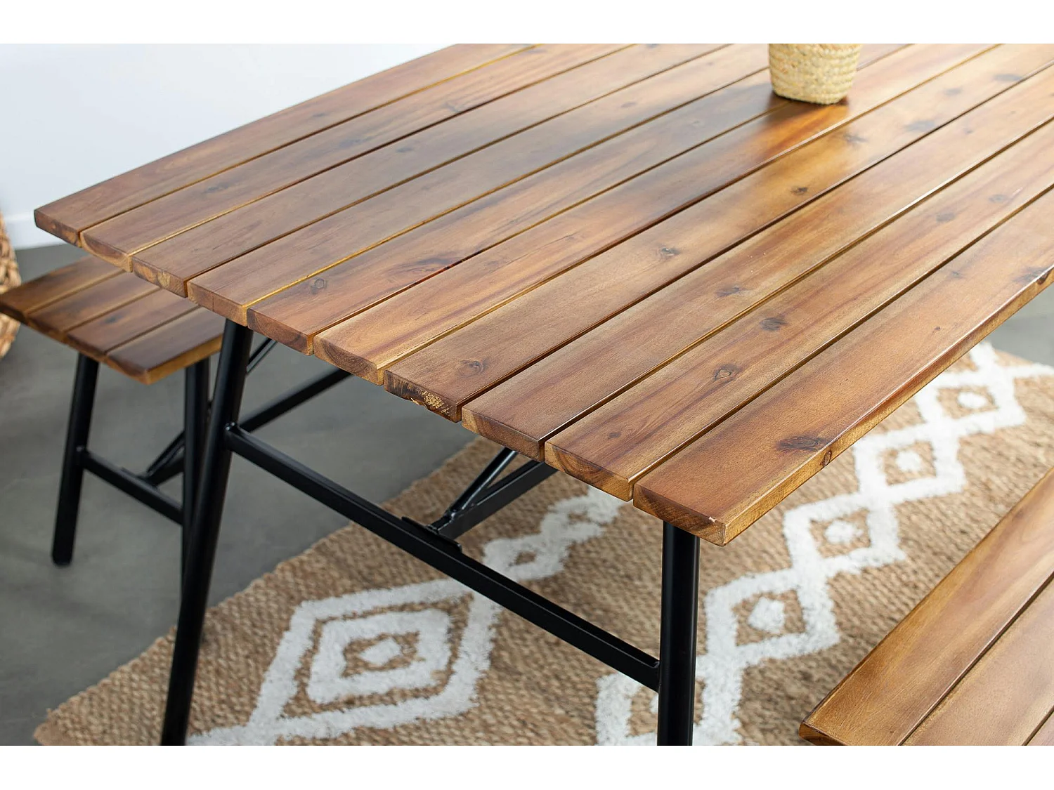 Salon de jardin en bois d'acacia (1 table à manger 160 cm + 2 bancs 130 cm) BAHIA