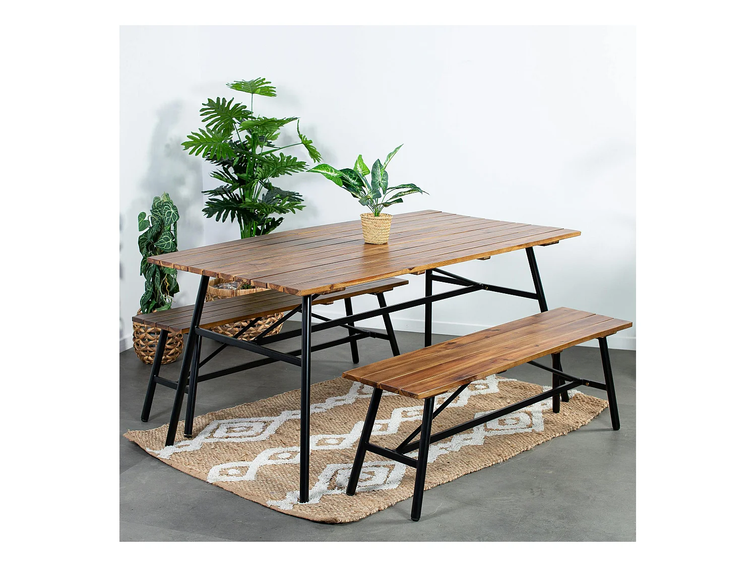 Salon de jardin en bois d'acacia (1 table à manger 160 cm + 2 bancs 130 cm) BAHIA