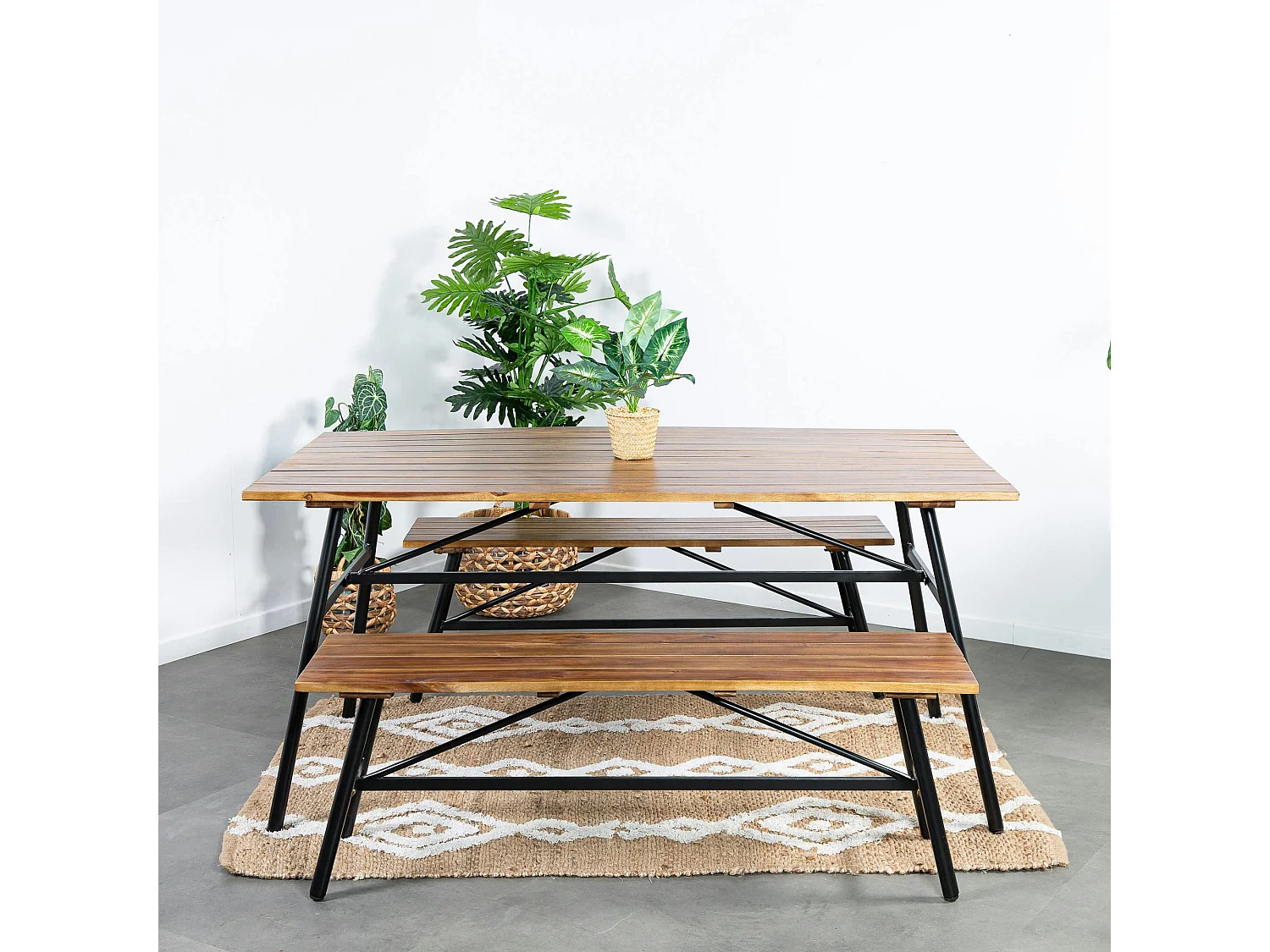 Salon de jardin en bois d'acacia (1 table à manger 160 cm + 2 bancs 130 cm) BAHIA