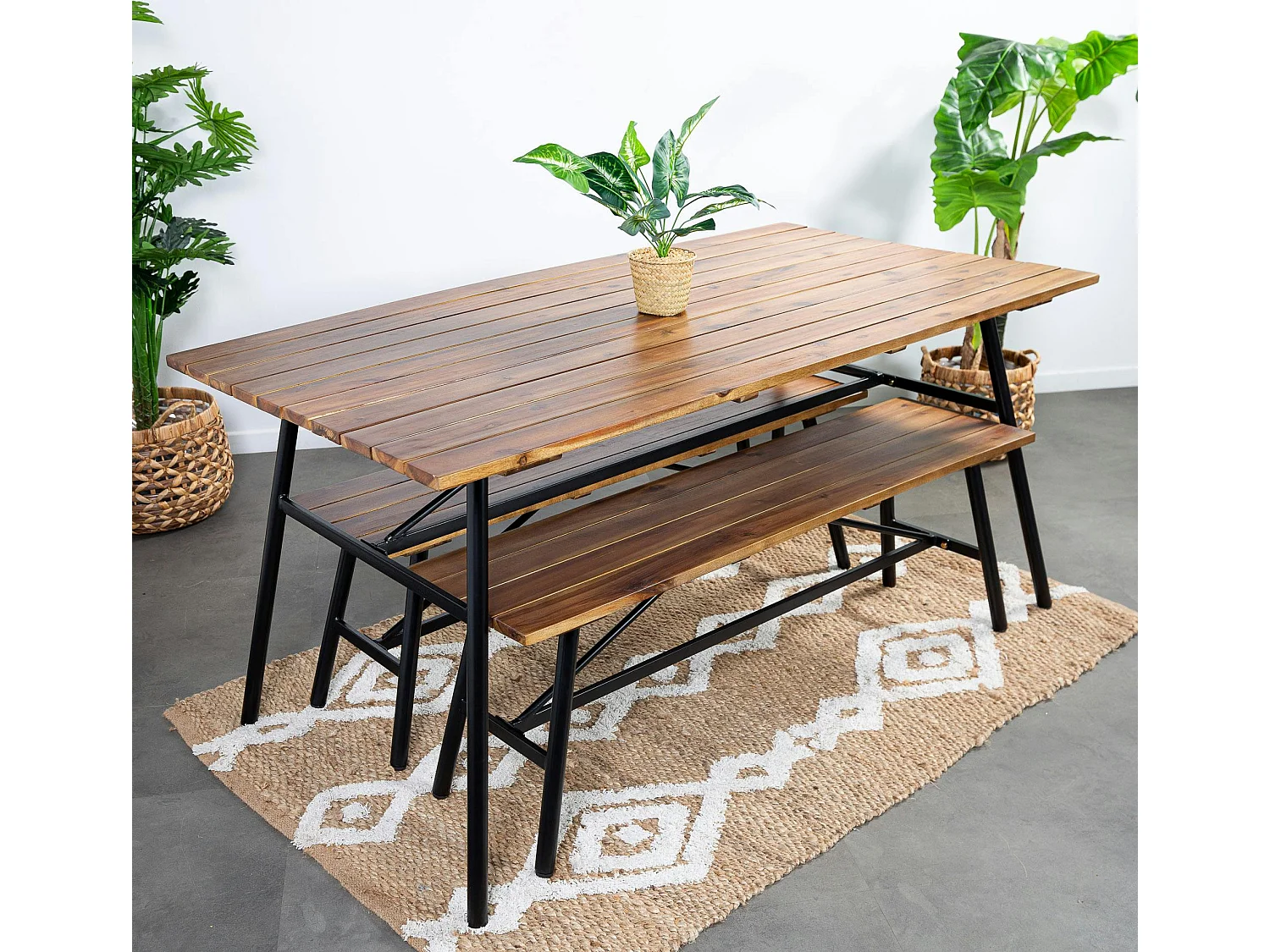 Salon de jardin en bois d'acacia (1 table à manger 160 cm + 2 bancs 130 cm) BAHIA