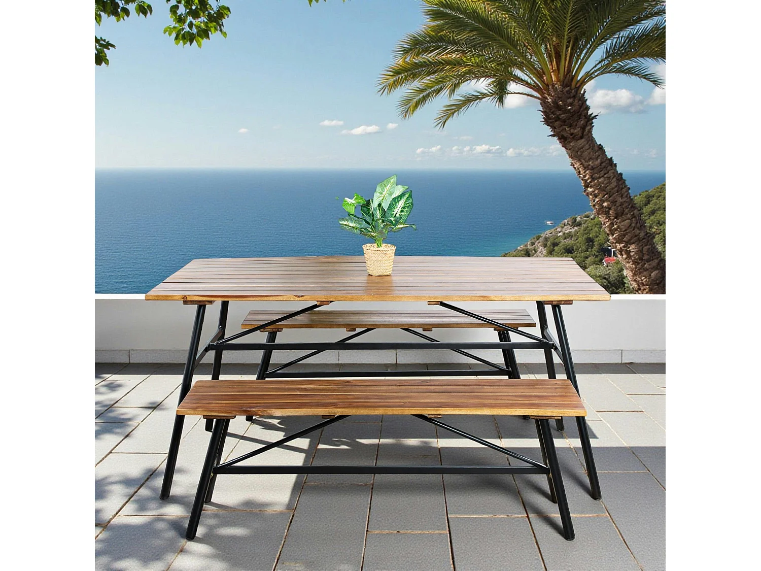 Salon de jardin en bois d'acacia (1 table à manger 160 cm + 2 bancs 130 cm) BAHIA