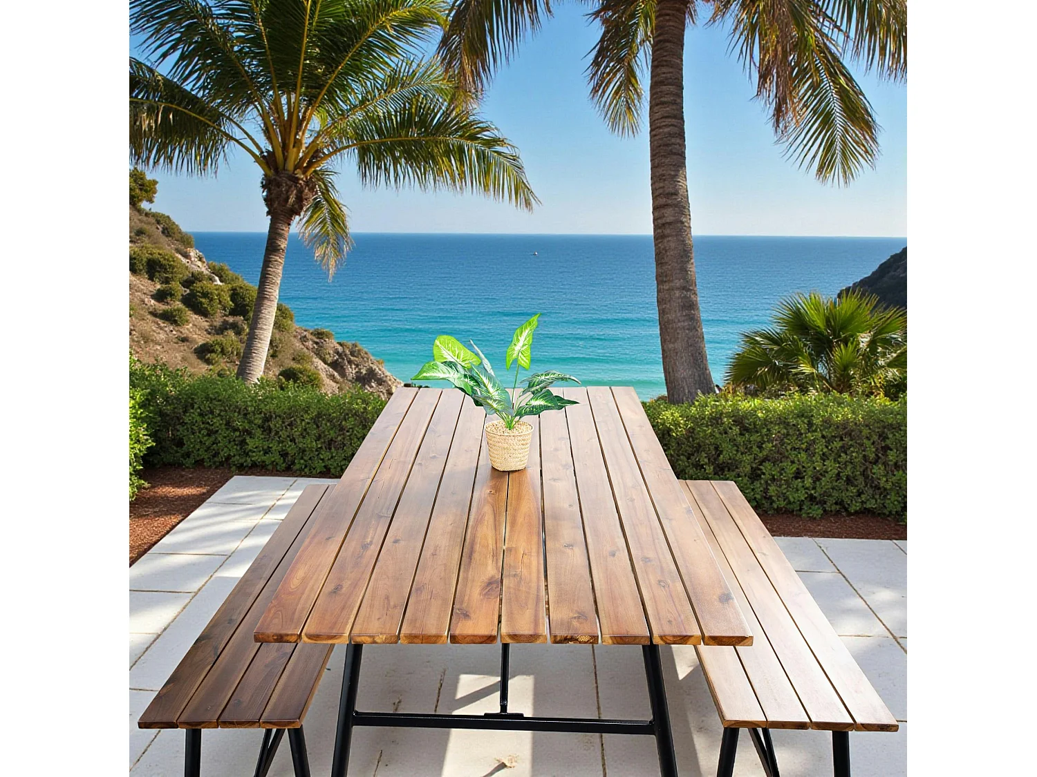 Salon de jardin en bois d'acacia (1 table à manger 160 cm + 2 bancs 130 cm) BAHIA