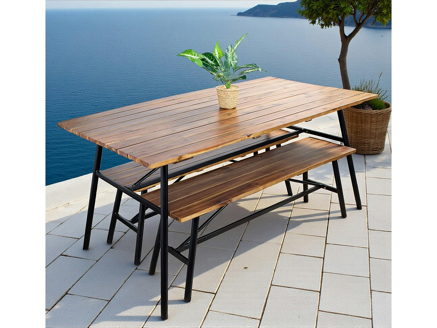 Salon de jardin en bois d'acacia (1 table à manger 160 cm + 2 bancs 130 cm) BAHIA