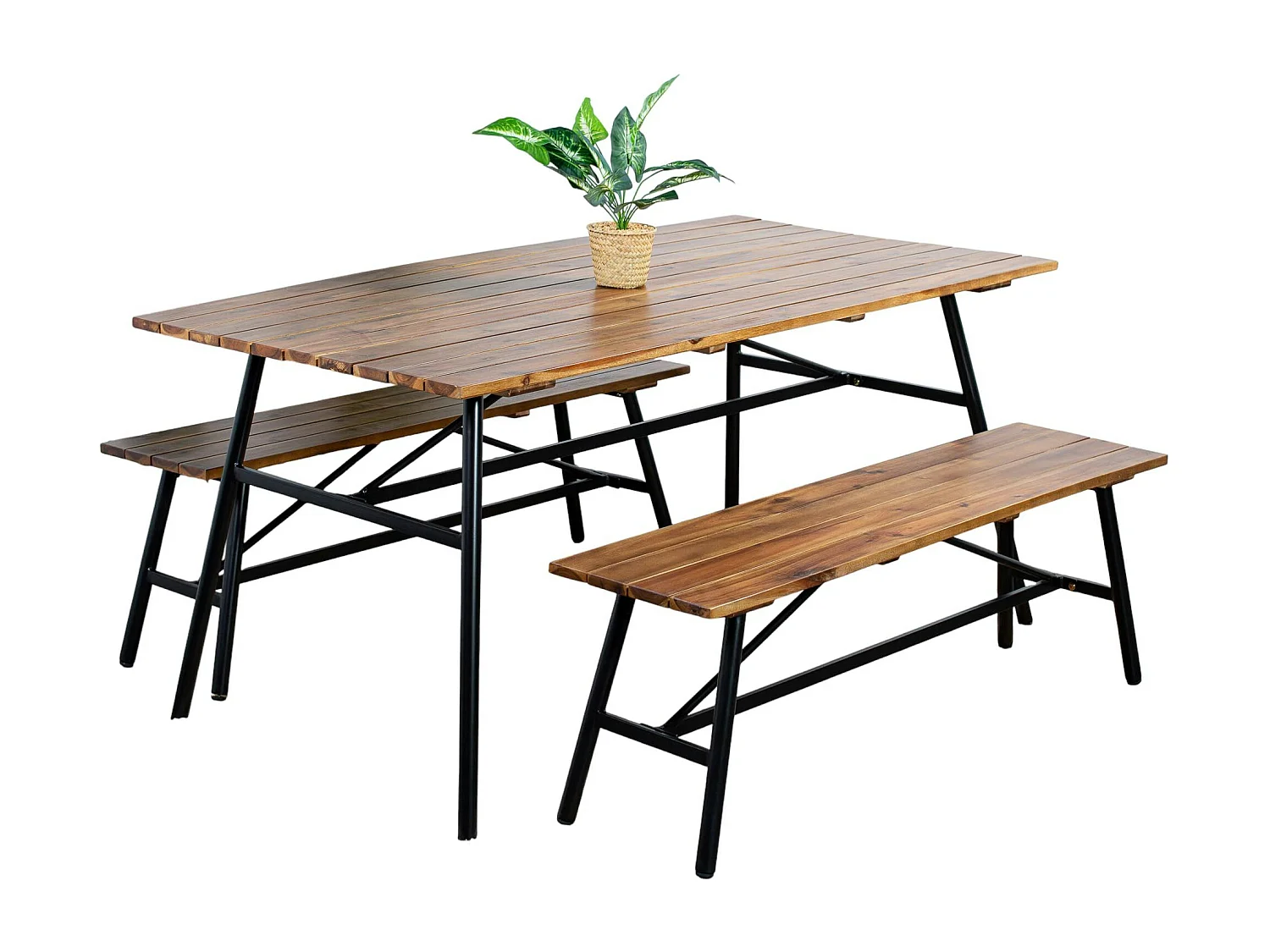 Salon de jardin en bois d'acacia (1 table à manger 160 cm + 2 bancs 130 cm) BAHIA