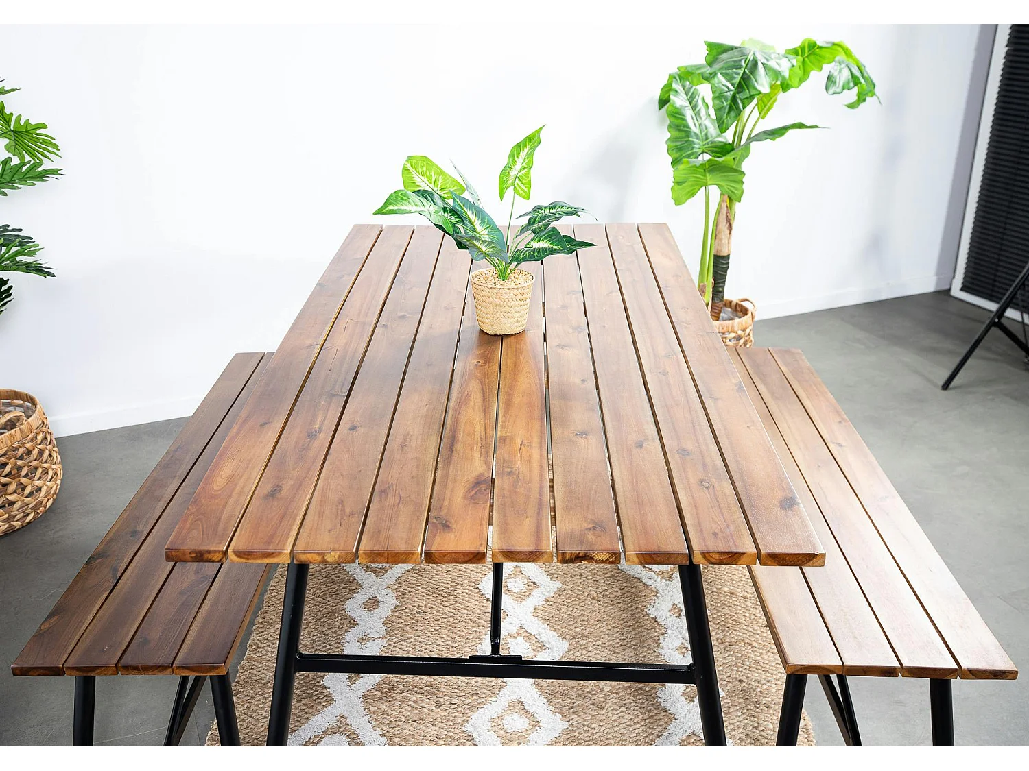 Salon de jardin en bois d'acacia (1 table à manger 160 cm + 2 bancs 130 cm) BAHIA