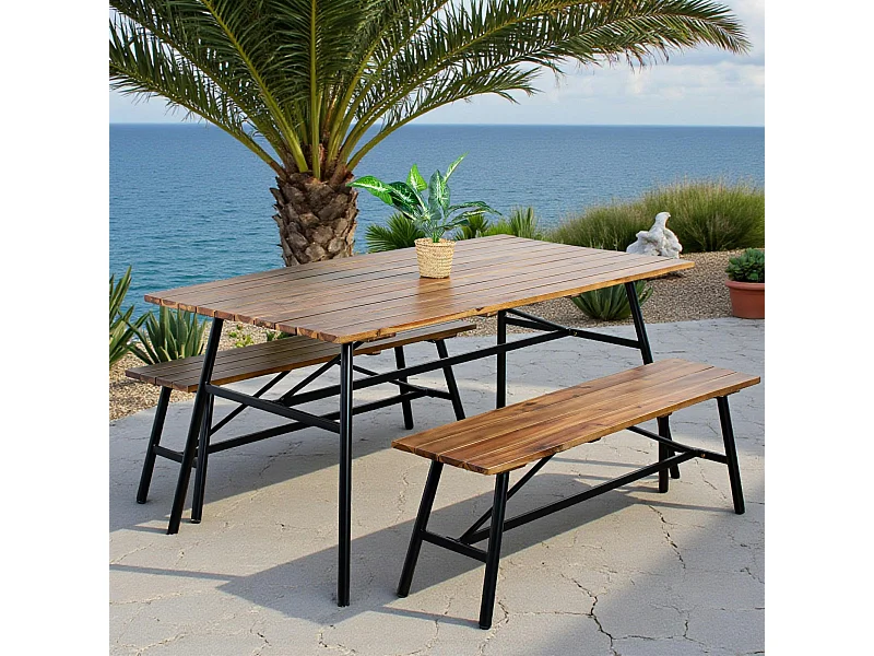 Salon de jardin en bois d'acacia (1 table à manger 160 cm + 2 bancs 130 cm) BAHIA