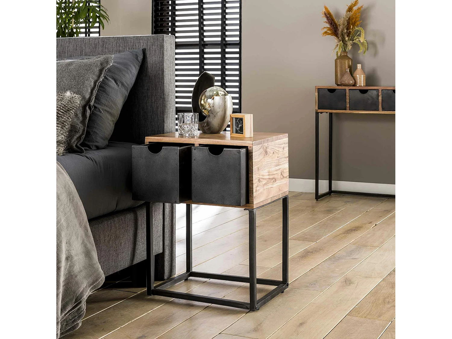 Table de chevet industrielle tiroirs métal BUNBURY