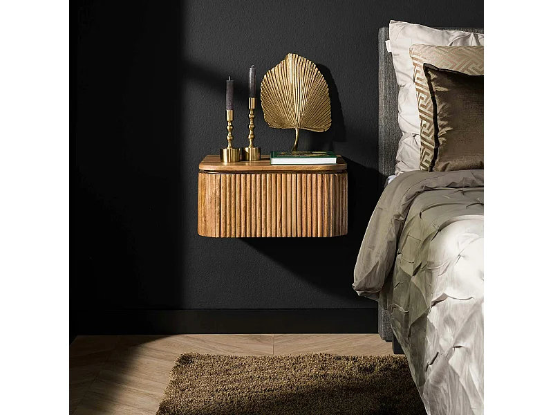 Table de chevet murale en bois de manguier motif baguette 1 tiroir DELHI