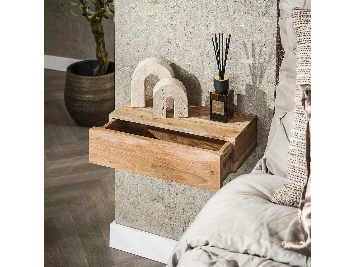 Table de chevet murale bois massif 1 tiroir (lot de 2) MELBOURNE