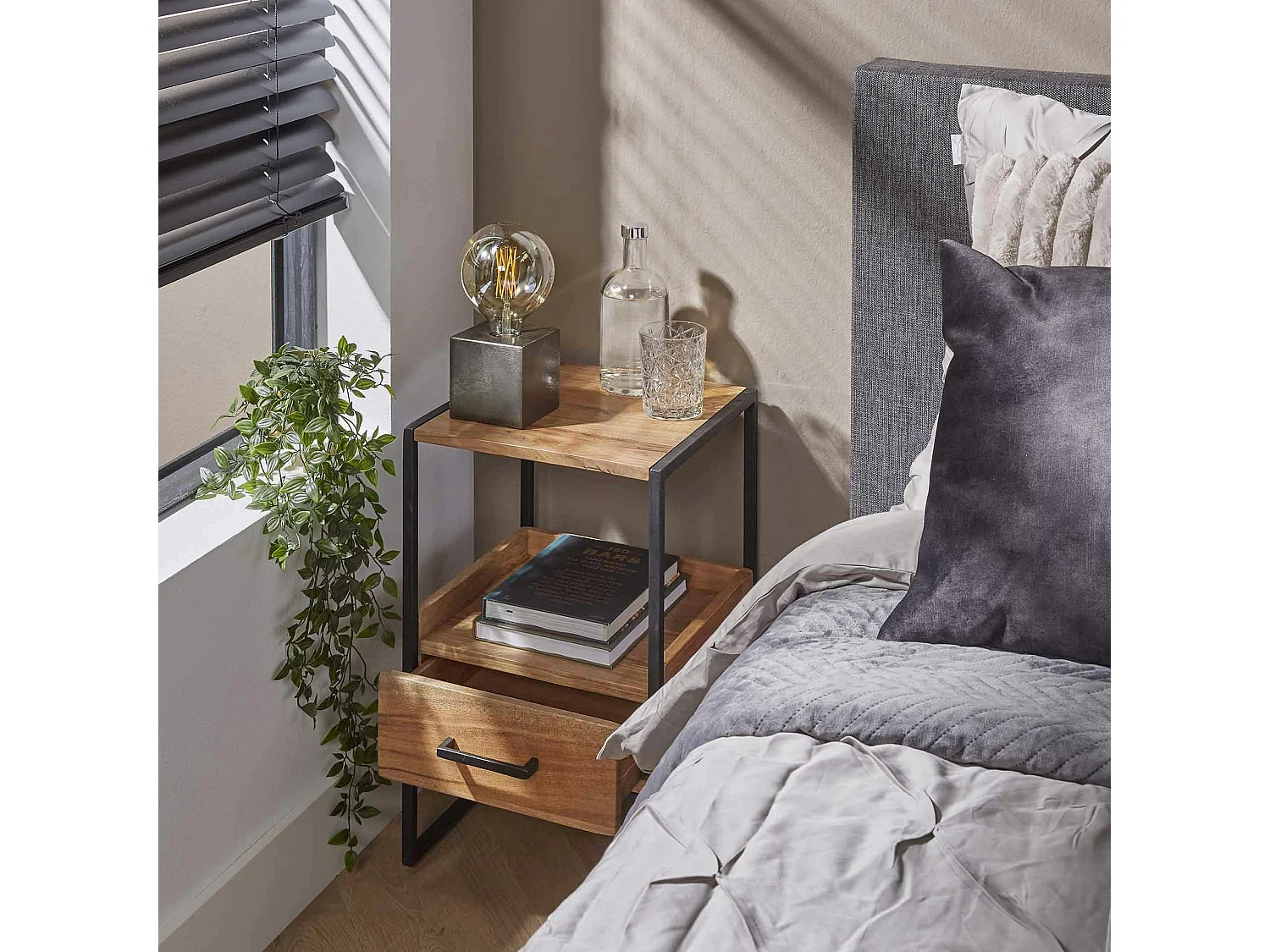 Table de chevet en bois d'acacia avec niche et tiroir MELBOURNE