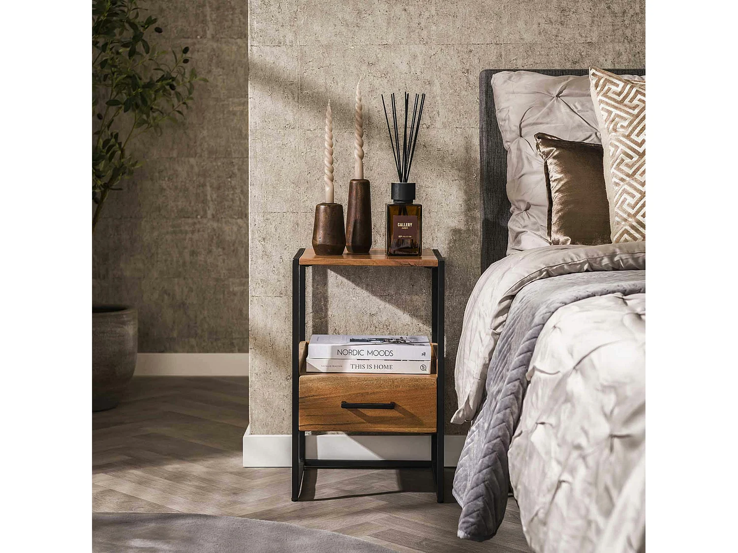 Table de chevet en bois d'acacia avec niche et tiroir MELBOURNE