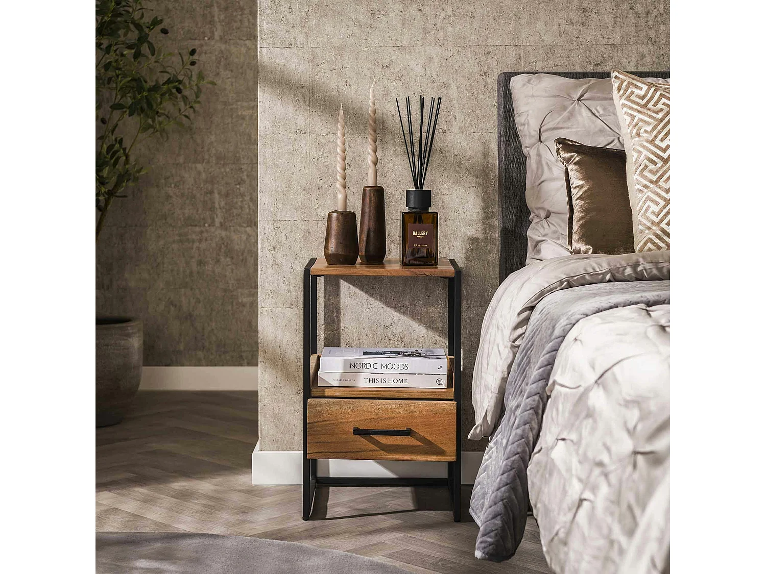 Table de chevet en bois d'acacia avec niche et tiroir MELBOURNE