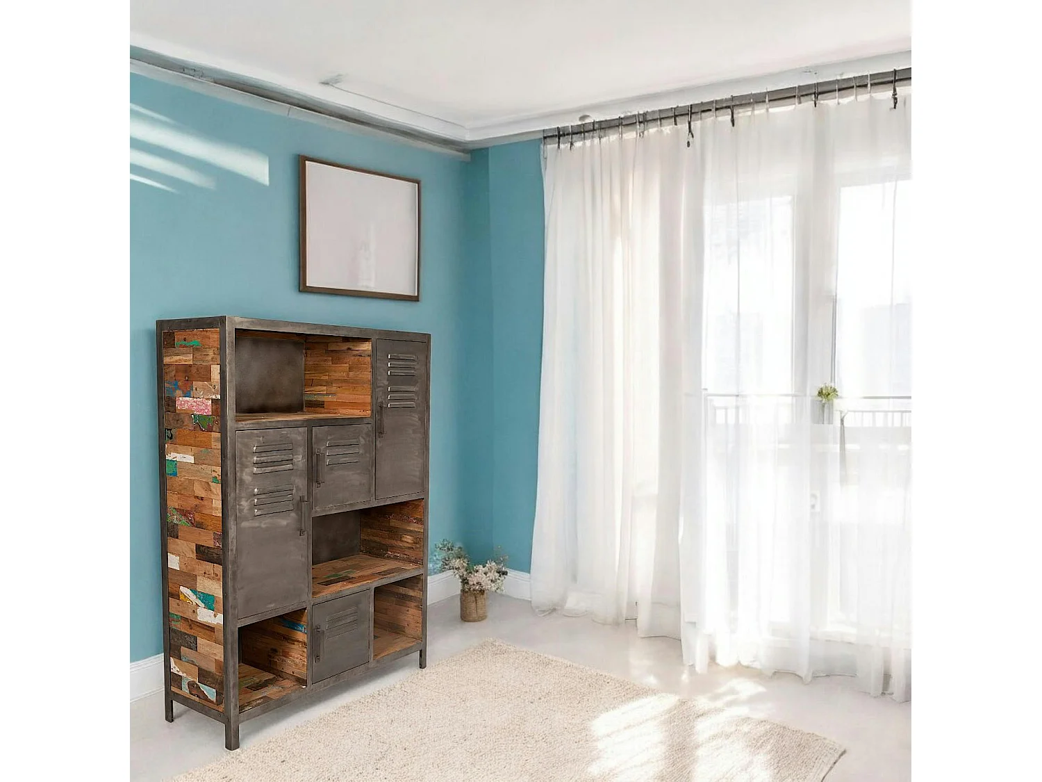 Bibliothèque bois recyclé 4 niches et 4 portes métalliques 125x40x160cm CARAVELLE