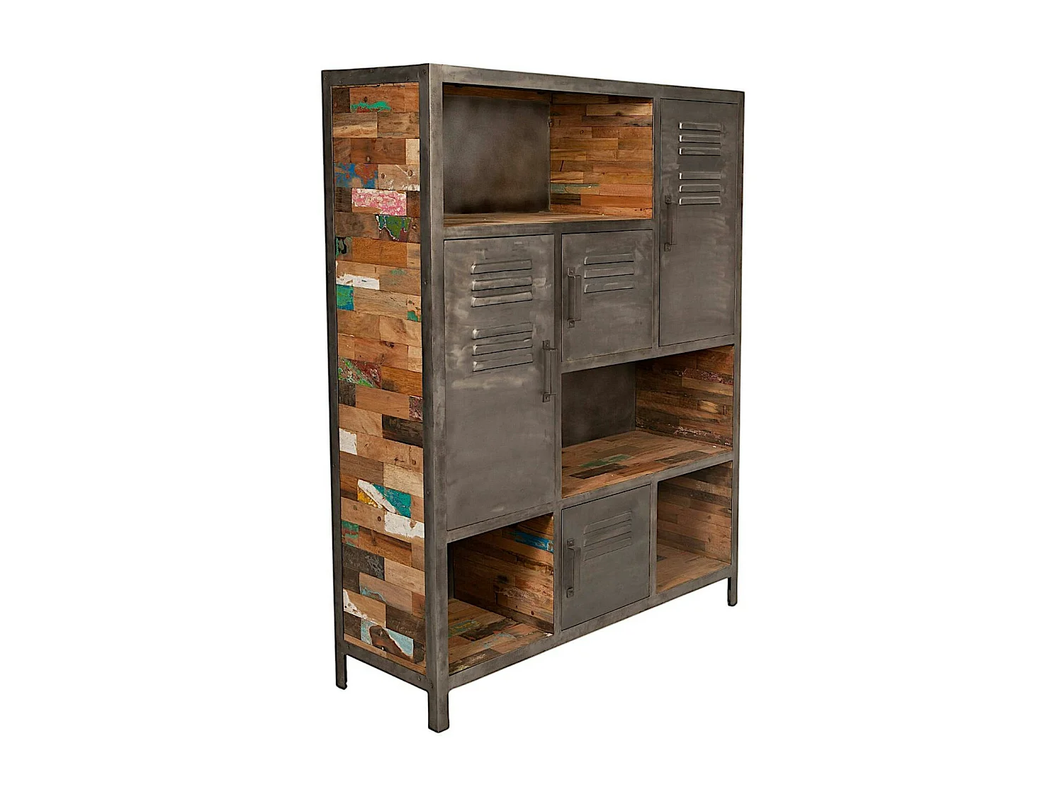 Bibliothèque bois recyclé 4 niches et 4 portes métalliques 125x40x160cm CARAVELLE