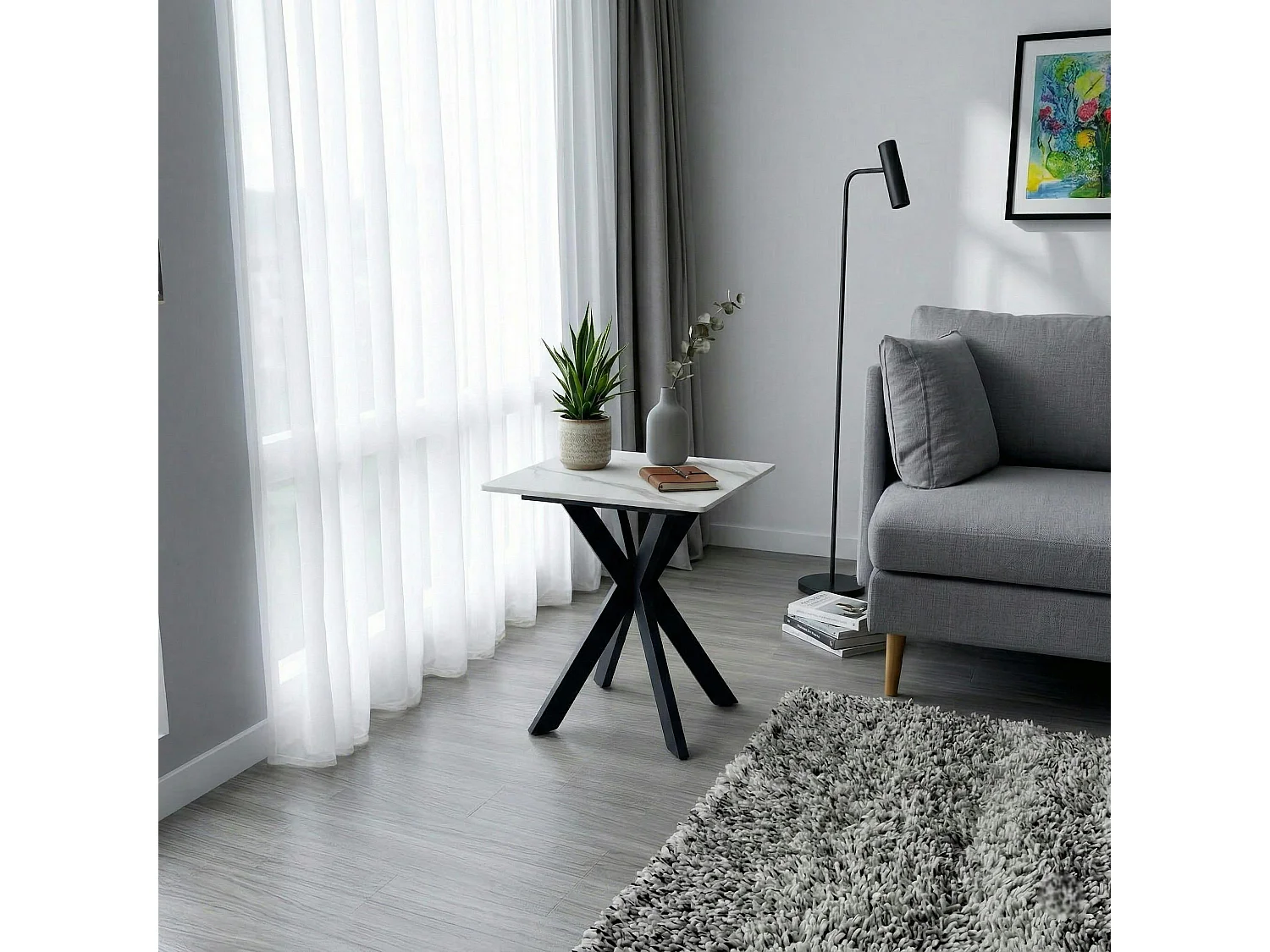 Bout de canapé design en céramique blanche marbrée OTTAWA