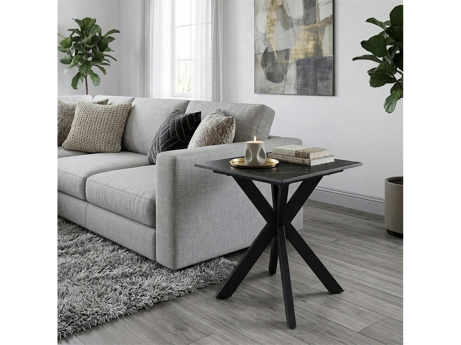 Bout de canapé design en céramique noire marbrée OTTAWA