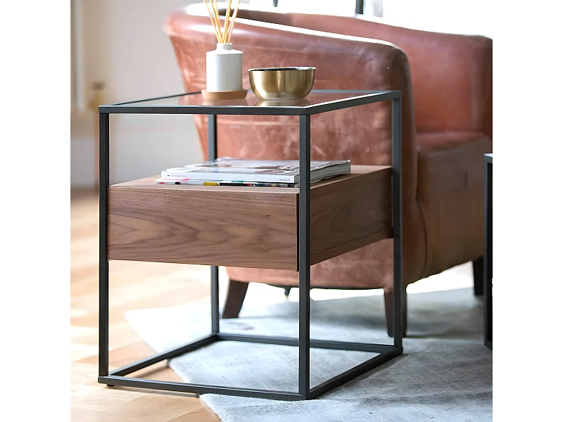 Bout de canapé bois de noyer verre TORONTO