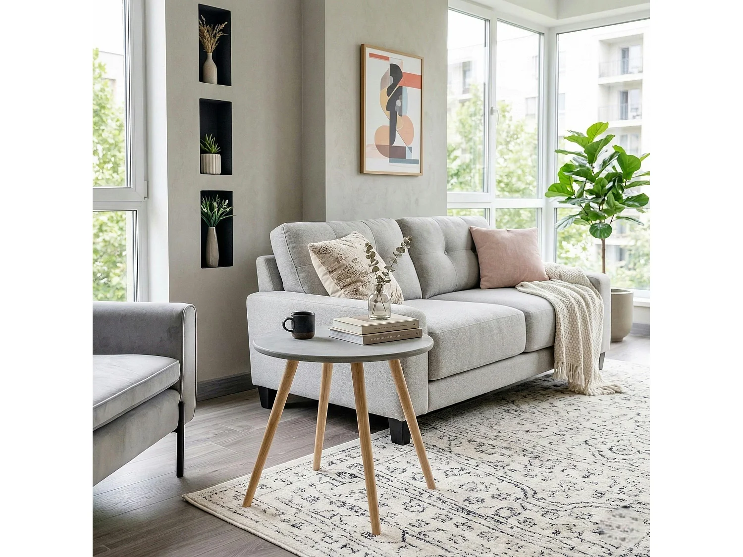 Bout de canapé rond pieds bois et plateau béton D65xH57cm