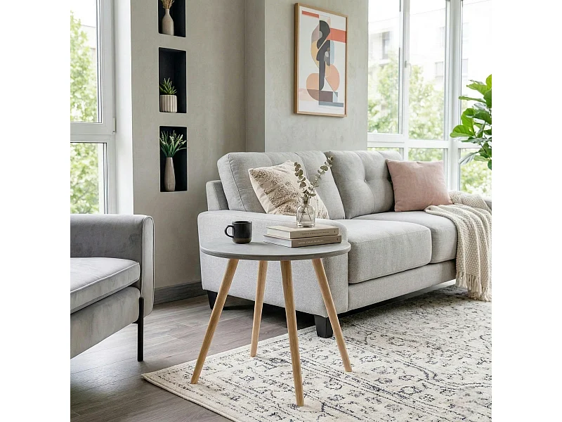 Bout de canapé rond pieds bois et plateau béton D65xH57cm