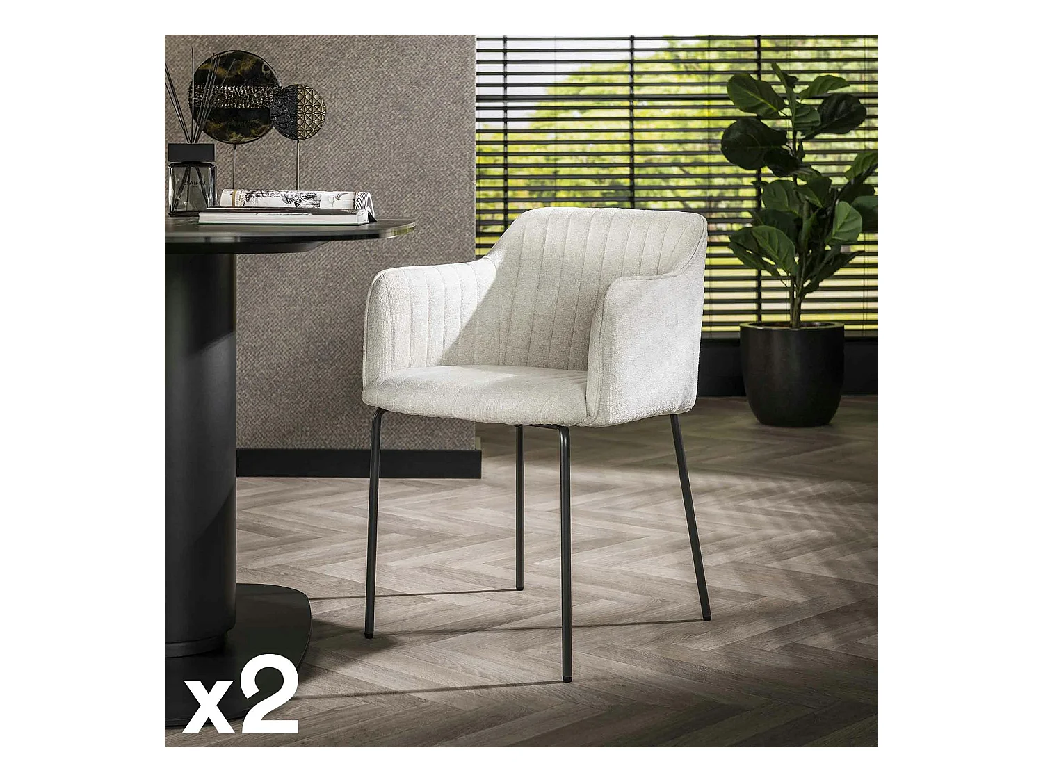 Fauteuil de table blanc en tissu à larges côtes (lot de 2) NOVA