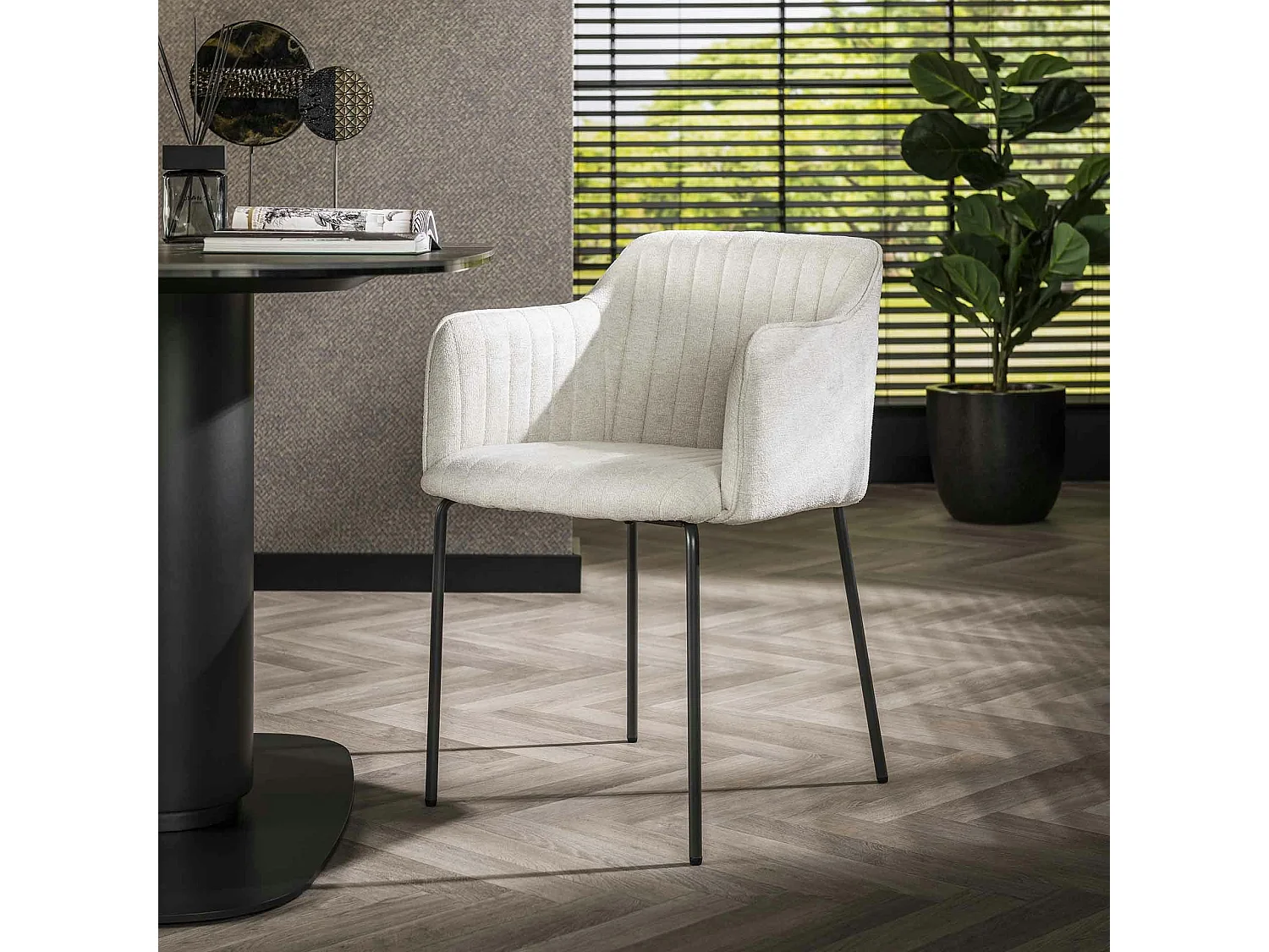 Fauteuil de table blanc en tissu à larges côtes (lot de 2) NOVA