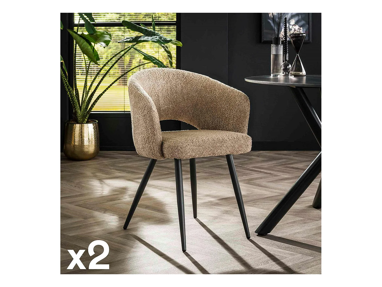 Fauteuil de table beige en bouclette style design (lot de 2) GALWAY