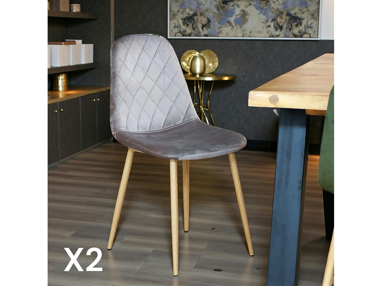 Chaise capitonnée velours gris taupe HAWAI (lot de 2)
