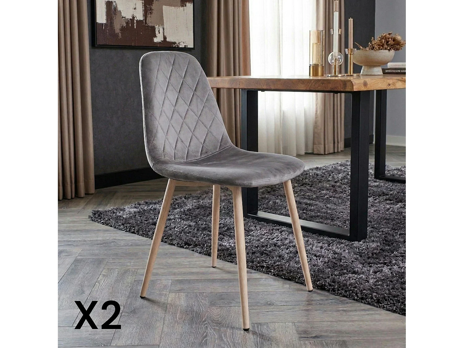 Chaise capitonnée velours gris taupe HAWAI (lot de 2)