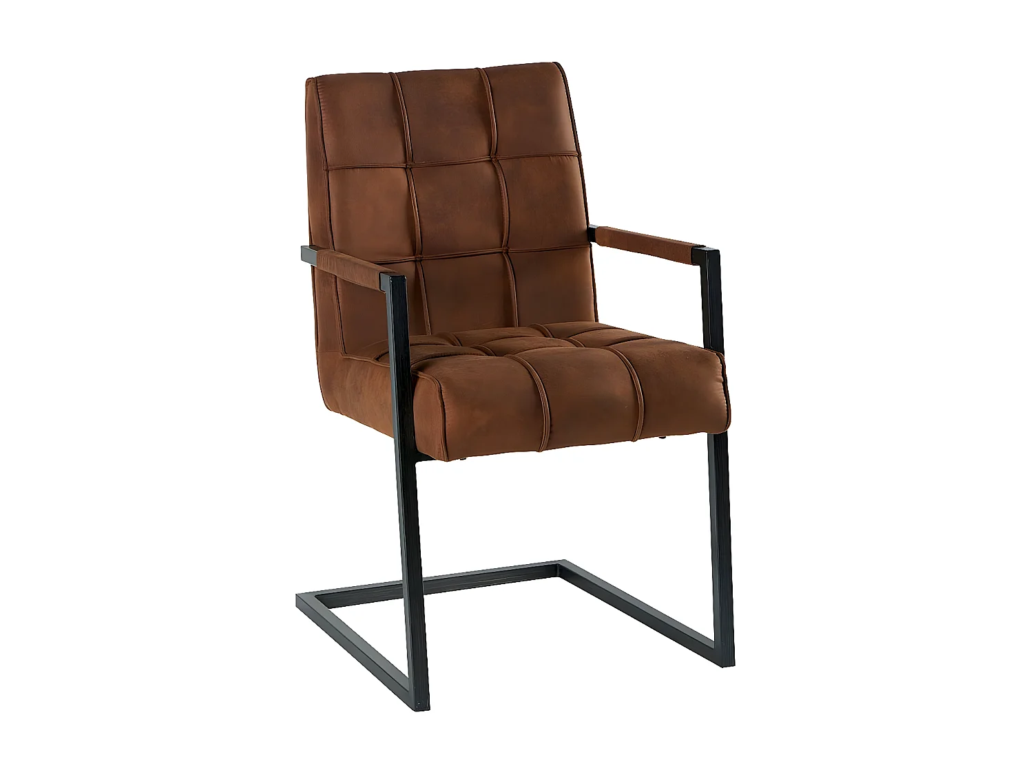 Chaise avec accoudoirs en tissu marron havane capitonné quadrillé et pieds métal 55x65x90cm KERALA