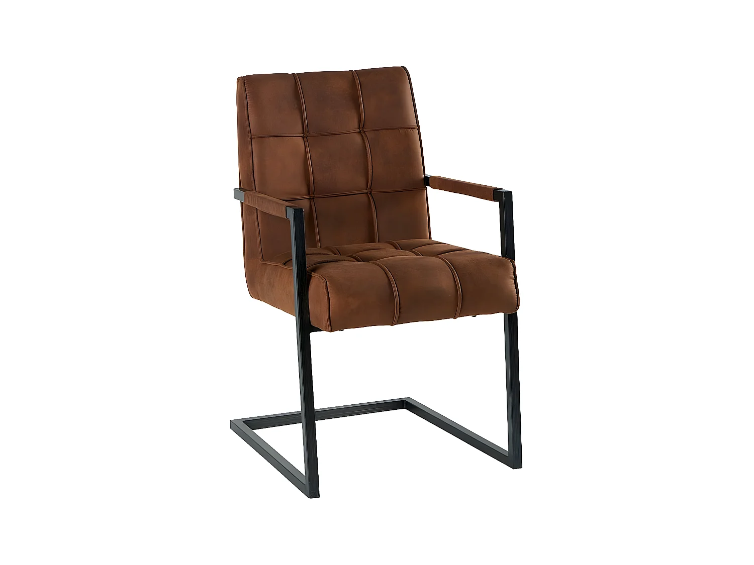 Chaise avec accoudoirs en tissu marron havane capitonné quadrillé et pieds métal 55x65x90cm KERALA