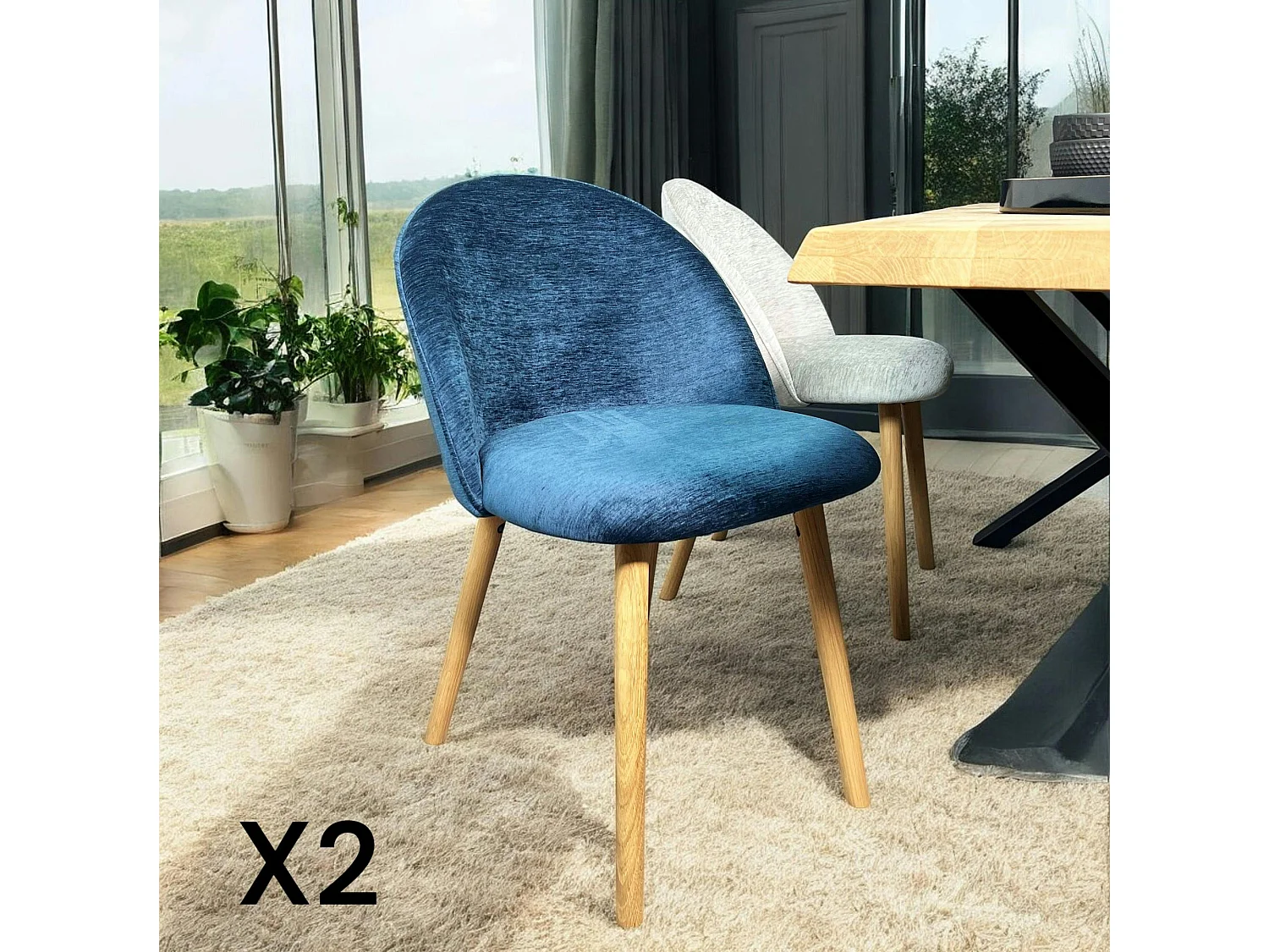 Chaise scandinave en bois et velours bleu (lot de 2) ETNA