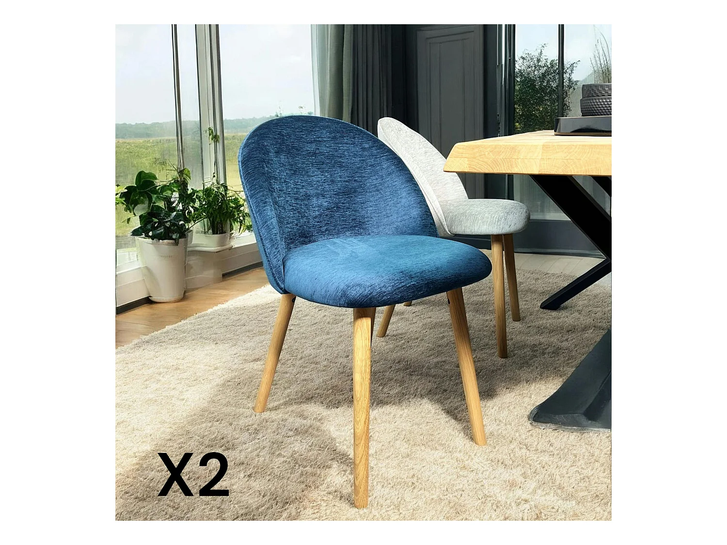 Chaise scandinave en bois et velours bleu (lot de 2) ETNA